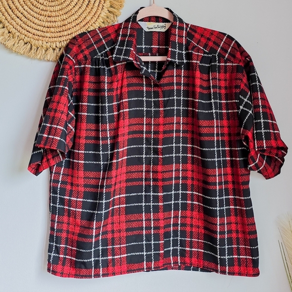 Diane Von Furstenberg, DVF Vintage 80s Red Plaid Button Front Blouse SZ Medium - Picture 2 of 9